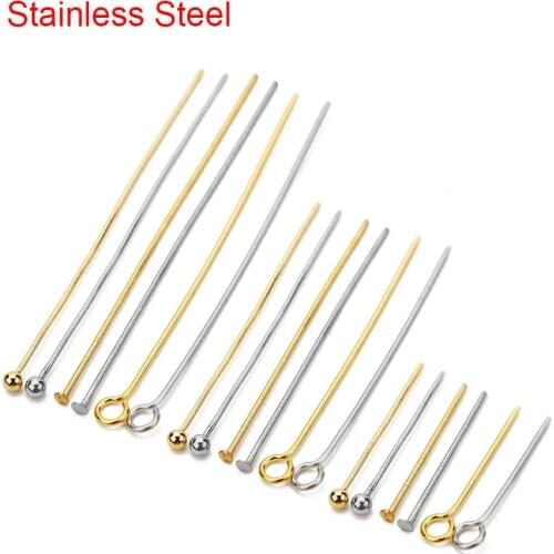 100pcs Stainless Steel Eye Flat Head Pins Needles Bulk 20mm 30mm 40mm Gold Color Ball Bead Headpins Connector For Jewelry Making