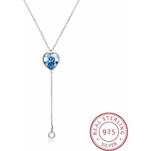 Lekani Heart Crystals From Swarovski Long Chain Pearl Pendant Necklaces Real 925 Silver For Women Girls Gifts Fine Jewelry