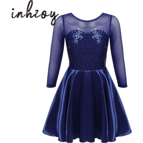 Kids Girls Dance Costume Shiny Sequins Semi See Through Mesh Ballet Dress Figure Ice Skating Dress Stage Performance Dance Wear
