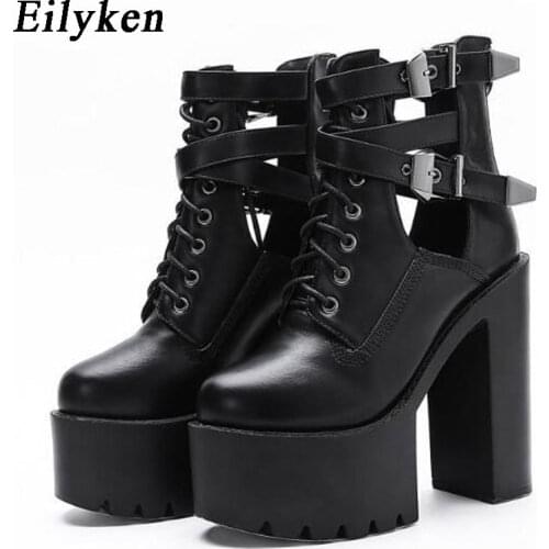 Eilyken Fashion 2021 Autumn Women Boots 16CM Platform Buckle Strap Lace Up Leather Short Sandals Boot Black Ladies Shoes