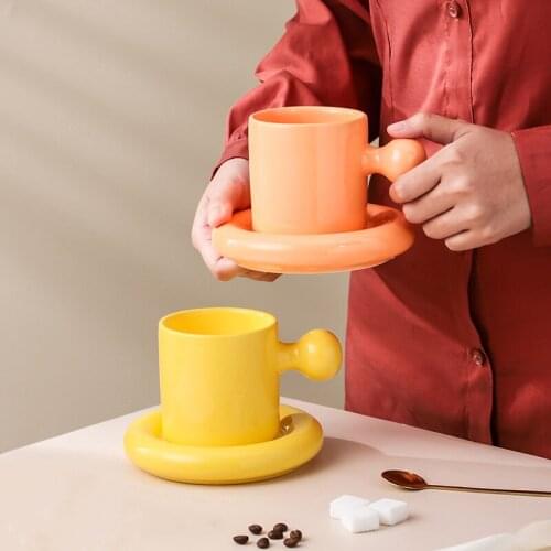 Nordic ceramic mugs coffee cup cute creative home high-value with spoon and saucer office breakfast milk cup spherical handle