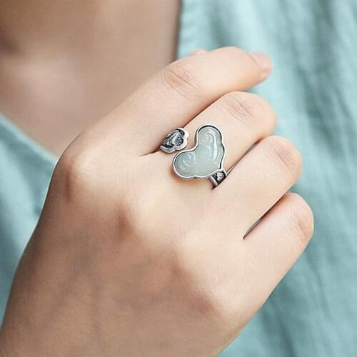 S925 Silver Hetian Jade Ring Womens Handmade Original Retro Ethnic Style Personalized Open Mouth Temperament Ring Birthday Gift