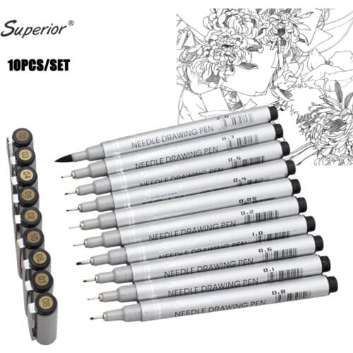 Superior 10Pcs/Set Waterproof Artist Marker Black Sketch Pigment Fine Liner Pen Different Width Signature Design Brush Supplies