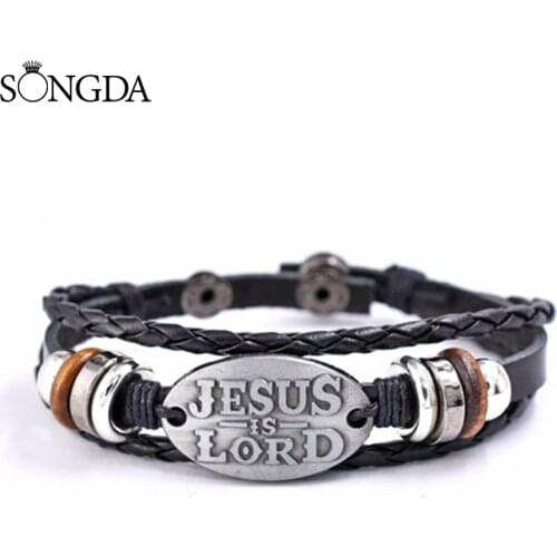 Jesus is Lord Multilayer Beaded Leather Bracelet for Men and Women Religious Believer Braided Bangles Jewelry Decorations Gifts
