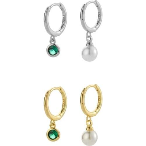 Fashion Silver Gold Color Simplicity Pearl Green Crystal Asymmetric Hoop Earring Women Elegant Style Jewelry Aretes Wholesale
