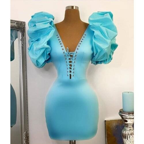 Fashion Blue Short Prom Dresses 2020 Ruffle Sleeves Satin Mini Party Dresses Prom Gowns