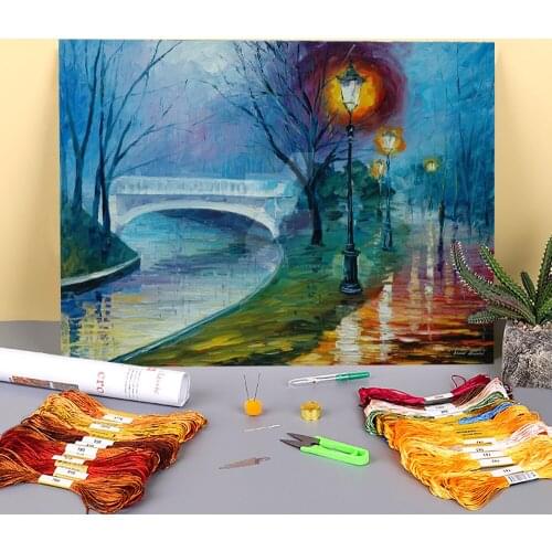 Misty Bridge Printed Fabric 11CT Cross Stitch Set DIY Embroidery DMC Threads Sewing Handicraft Needlework Craft Package