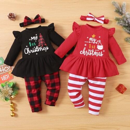 Citgeett Autumn Christmas Infant Baby Girls Clothes Set Printed Pattern Tops Pants and Headdress Xmas Clothing