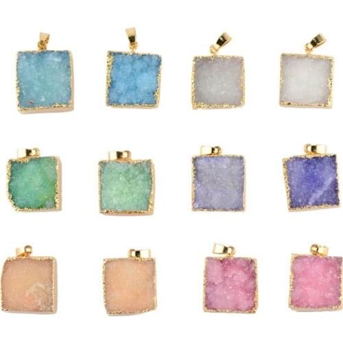 Pink Purple Square Crystal Pendulum Pendant Agates Druzy Pendant Necklace Jewelry Making Natural Druzy Pendants Gifts 20*20mm