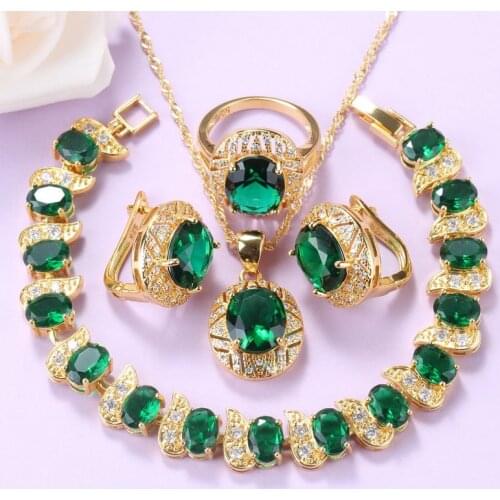 Luxurious Gold Color Dubai Jewelry Sets Green Cubic Zirconia Charm Bracelet Necklace And Earrings Sets For Women Gift