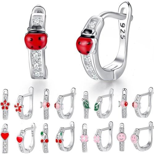 925 Sterling Silver Stud Earrings Enamel Zircon Fashion Ladybug Flower Heart Cute Earrings For Girls Kids Jewelry Christmas Gift