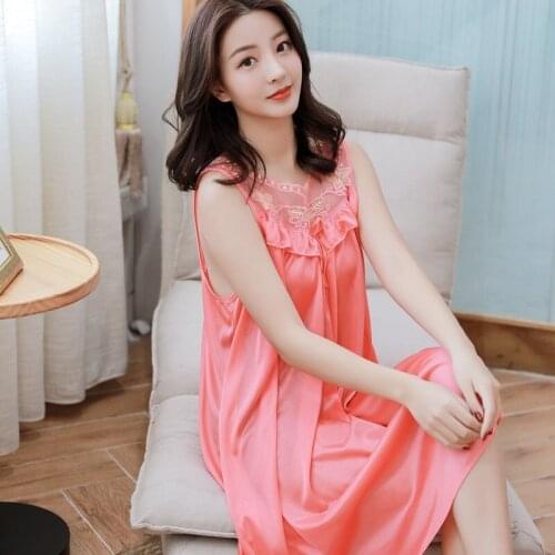 Plus Size XXXL Ladies Sexy Silk Satin Night Dress Sleeveless Nighties O-neck Nightgown Nightdress Lace Sleepwear Nightwear Women