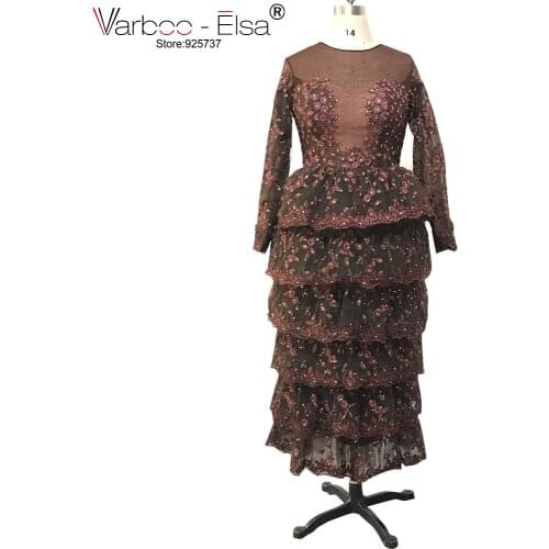 VARBOO_ELSA 2018 Hot Drilling Lace Purple Evening Dress Elegant Long Sleeve Many Tiered Ankle-Length Prom Dresses robe de soiree