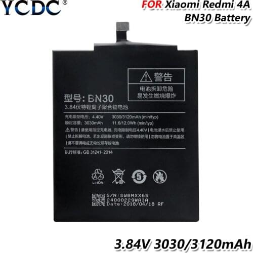 YCDC High Capacity 3.84V 3120mAh Phone Battery BN30 For Xiaomi Redmi 4A Replacement 3.84V bn30 Lithium battery RechargeableBN-30