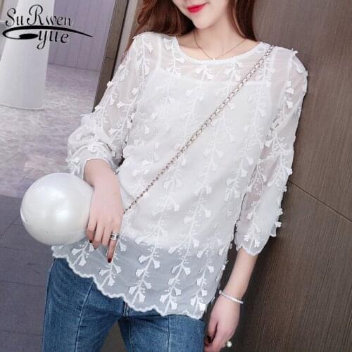 Chiffon Blouse Sweet Three Quarter Sleeve Vintage Blouse Women Flower Tank Top with Coat 2pcs Flare Sleeve Womans Shirt 9256