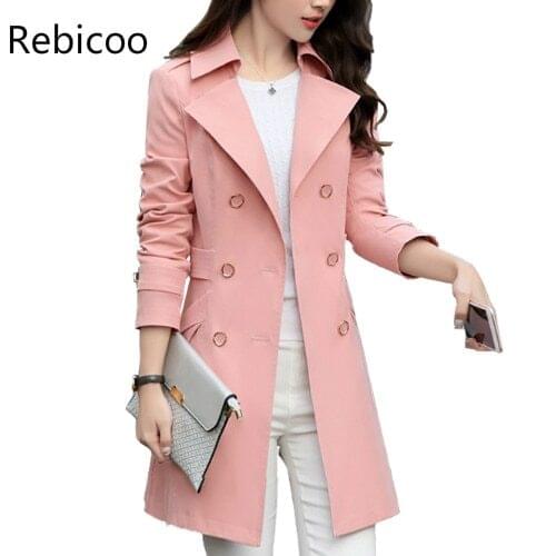 Spring and Autumn Womens Double Snap Women Slim Thin Large yard Long Classic Windbreaker Coat Jacket Womens Fashion coat