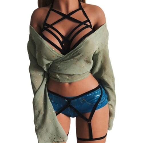 Women Elastic Body Harness Lingerie Set Erotic Caged Cross Bandage Cupless Bra Hollow Out Strappy Garter Belts Gothic Clubwear