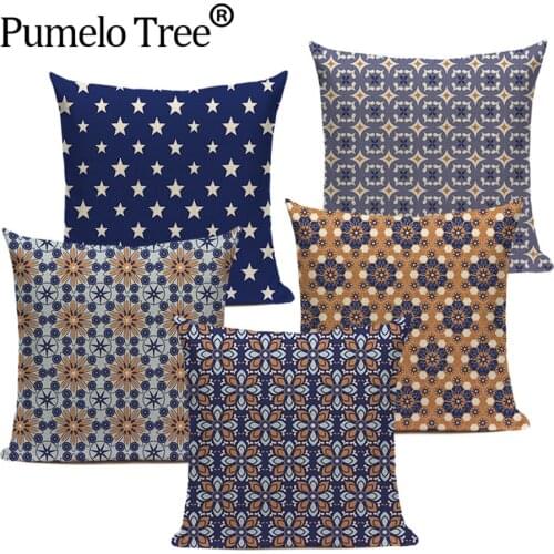 1Pc Blue Geometric Pillowcase Mandala Line Decor Cushion Cover Mandala Star Lattice Home Decorative Sofa Throw Pillows Cases