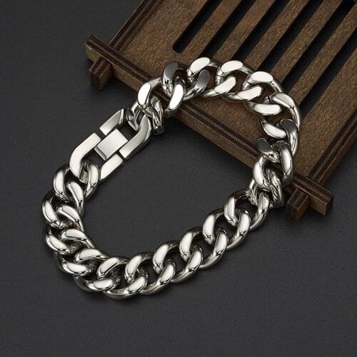 7-11INCH 15MM Wide Trendy Silver Color/Gold Stainless Steel Curb Cuban Chain Bracelets For Men Women Unisex Wrist Jewelry Gifts