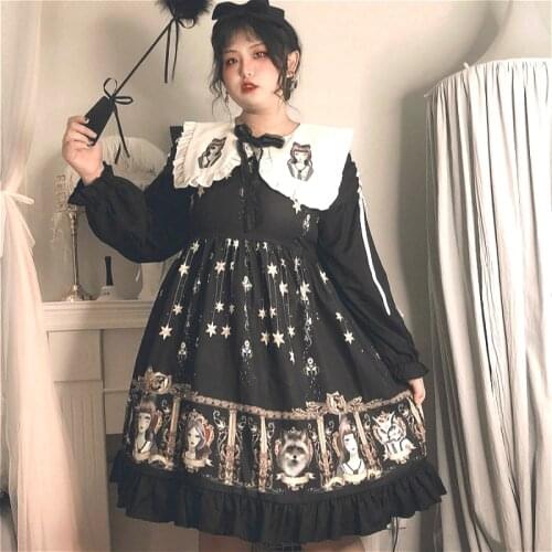 Black Punk Gothic Lolita Op Long Sleeve Autumn/winter Big Plus Size 2xl 3xl 4xl Chubby Fat Girl Anime Lolita Cosplay Dresses