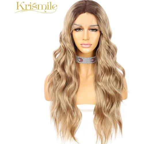 Krismile Long Curly Synthetic Wigs T Part Lace Brown Roots Blonde Middle Part Wig High Temperature Party Cosplay Daily for Women