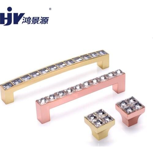 HJY Crystal Furniture Pulls Cabinet Handle Rose Gold/Yellow Pull Drawer Knobs Kitchen Cupboard Door Handle Hardware Z081/Z216