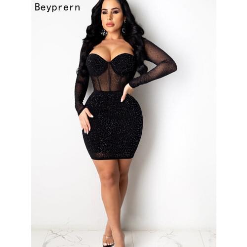Beyprern Glam Rhinestone Details Short Party Dress Womens Long Sleeve See-Through Crystal Skinny Club Dresses Chirstmas Outfits