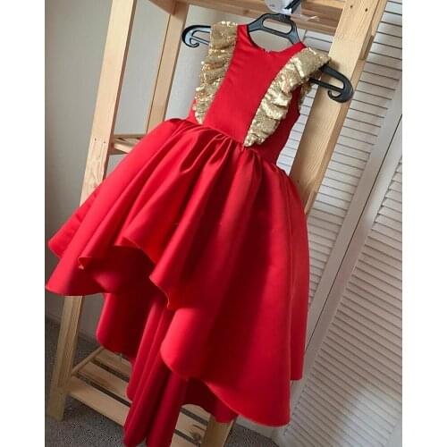 Customized Red Satin Baby Girl Birthday Dress Gold Sequined Sleeve Girls Pageant Gown Prom Dress Size 1-14Y