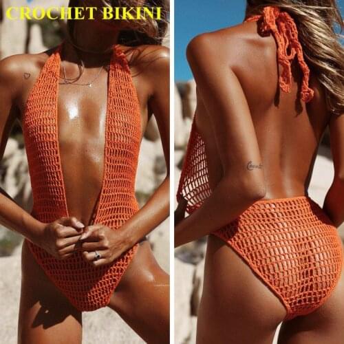 CROCHET BIKINI 2019 Women Fashion One Piece Bikini Sexy Bow Hanging Neck Straps Handmade Crochet Bikini one-piece knit swimsuit