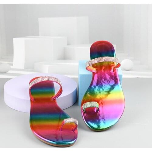 Summer Rainbow Slippers Fashion Rhinestone Open Toe Womens Shoes Handmade Beach Flat Sandals Plus Size