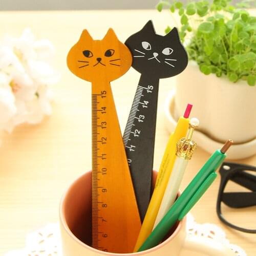 Creative Cute Wood Animal Straight Ruler Lovely Cat Shape Ruler Gift for Kids School Supplies Stationery Black Yellow 2 Colors