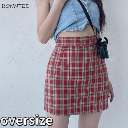 Mini Plaid Skirts Women Summer New Vintage Red A-line Empire Oversize Retro All-match Lined Students Mujer Quality Fashion Cozy