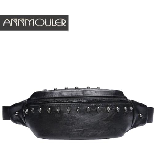 Annmouler Fashion Unisex Waist Pack Bag Pu Leather Skull Chest Bag Black Shoulder Phone Pouch Large Men Women Fanny Pack Bum Bag