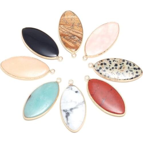 Natural Rose Quarts Picture Stone Necklace Pendant Horse Eye Shape Charms Pendant for Jewelry Making DIY Necklace Size 20x45mm
