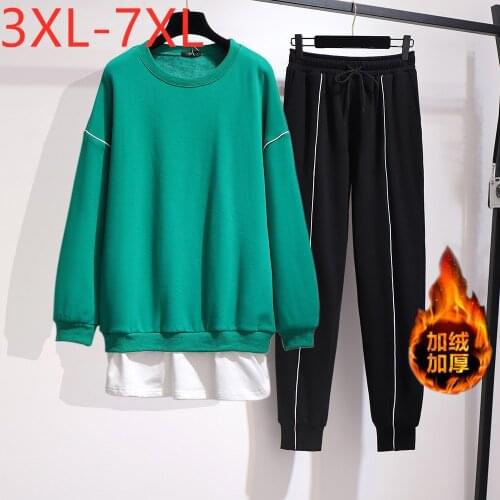 New Ladies Autumn Winter Plus Size Sports Sets For Women Large Loose Black Fleece Thick Keep Warm Training Suit 4XL 5XL 6XL 7XL