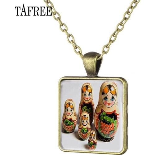 TAFREE Matryoshka Square Necklace Russian Classic Picture Hand Painted Russian Nesting Dolls Baby Girl Doll Choker Jewelry TW01
