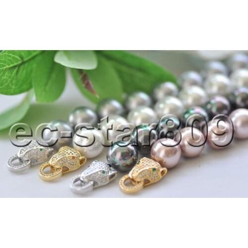 P7145 8" 14mm Lavender Black White Gray Round South Sea Shell Pearl Bracelet CZ Women