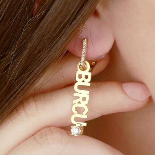 Vaoov 925 Sterling Silver Personalized Name Vertical Single Stone Earring / Small Size - Made in Turkey