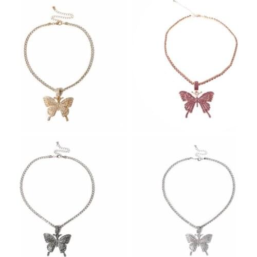 Sparking Fully Iced Out Crystal Pave Butterfly Pendant Necklace Fashion Jewelry