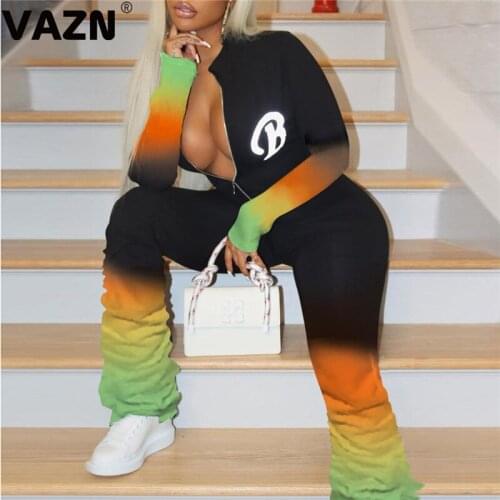 VAZN 2020 Top Quality Plus Size Casual Daily Regular Tracksuits Young Full Sleeve High Waist Women Slim Straight Jumpsuits