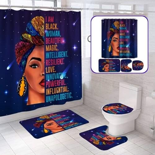 African Woman Print Shower Curtain 4 Piece Carpet Cover Bath Mat Pad Set Waterproof Bathroom Curtain with 12 Hooks
