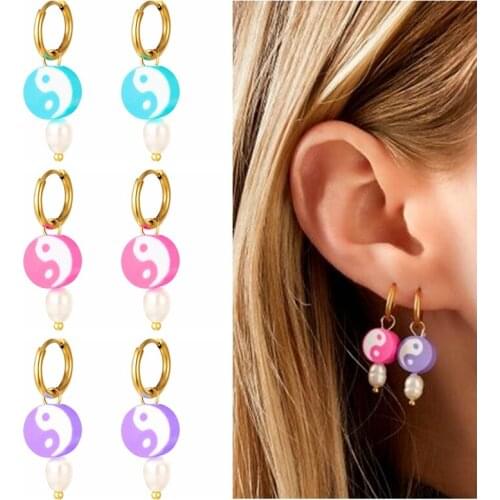 GS Cute Bright Candy Color Yin Yang Pattern Round Charm Dangle Earrings Pink Blue Yellow Pendants Pearl Beads Drop Earrings