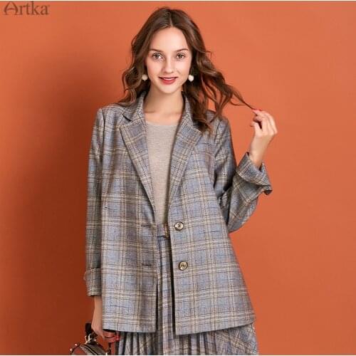 ARTKA 2020 Spring New Women Suits Vintage Plaid Single Breasted Blazer Set Blazers Jacket With Pleated Skirts Women WA10291Q