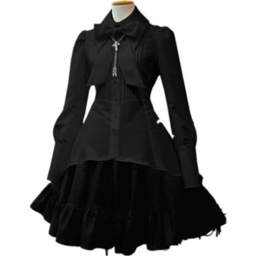 Lolita Dress Women Party Spring Autumn Elegant Black Evening Gothic Big Size Bow Collar Pleated Lace Up Goth Vintage Dress