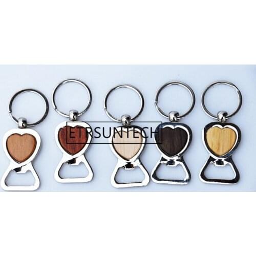 50pcs Portable Wooden Bamboo Bottle Opener Key Chain Keyring Wood Metal Heart Shape Beer Opener Keychain Gift