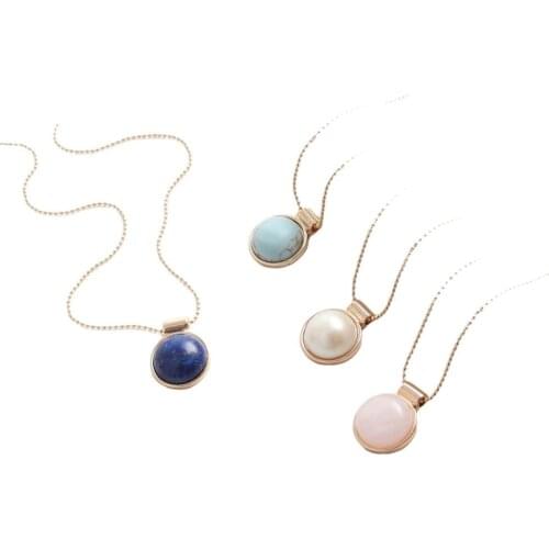 Europe Round Cabochon Stone Necklace 2021 New Design with Long Chain Goldtone Plating Matching Sweater