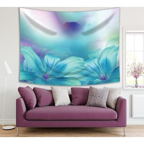 Tapestry Lily Flowers Bouquet on Becomes Blurred Background Nature Bright Floral Composition Art Turquoise Purple