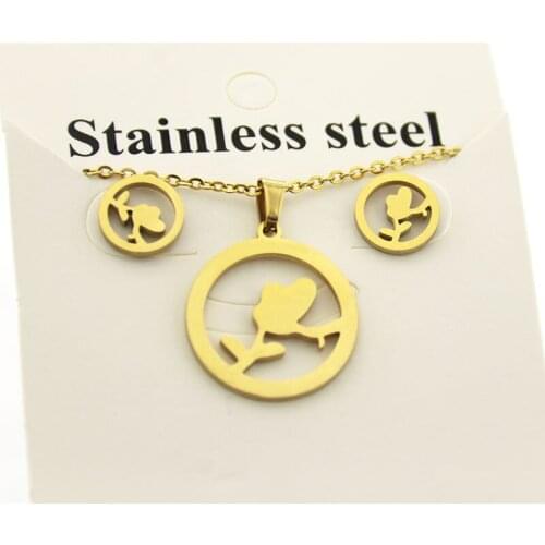 1 Set New Simple Circle Flower Stainless Steel Jewelry Set Charms Necklace Earrings Jewellery Set Women Girls Family Gifts