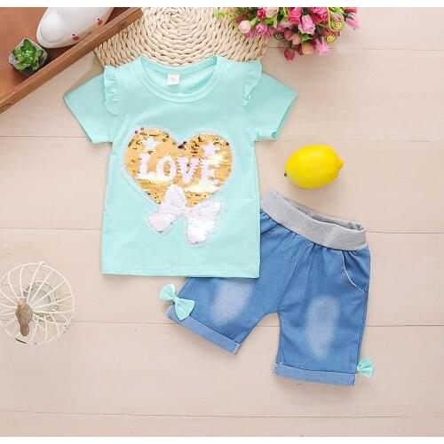 Baby Girls Clothes Set Summer Kids Girls Short Sleeve T-shirt + Jeans Shorts Pants 2pas Outfits Baby Summer Clothing