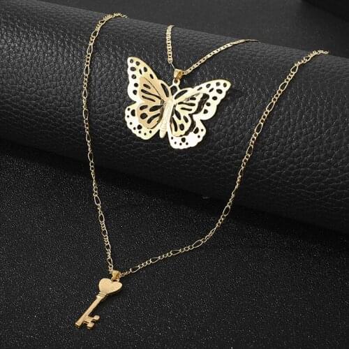 Meetvii Hollow Butterfly Key Necklaces for Women European Gold Color Double Layer Pendant Chain Necklaces Trendy Collares